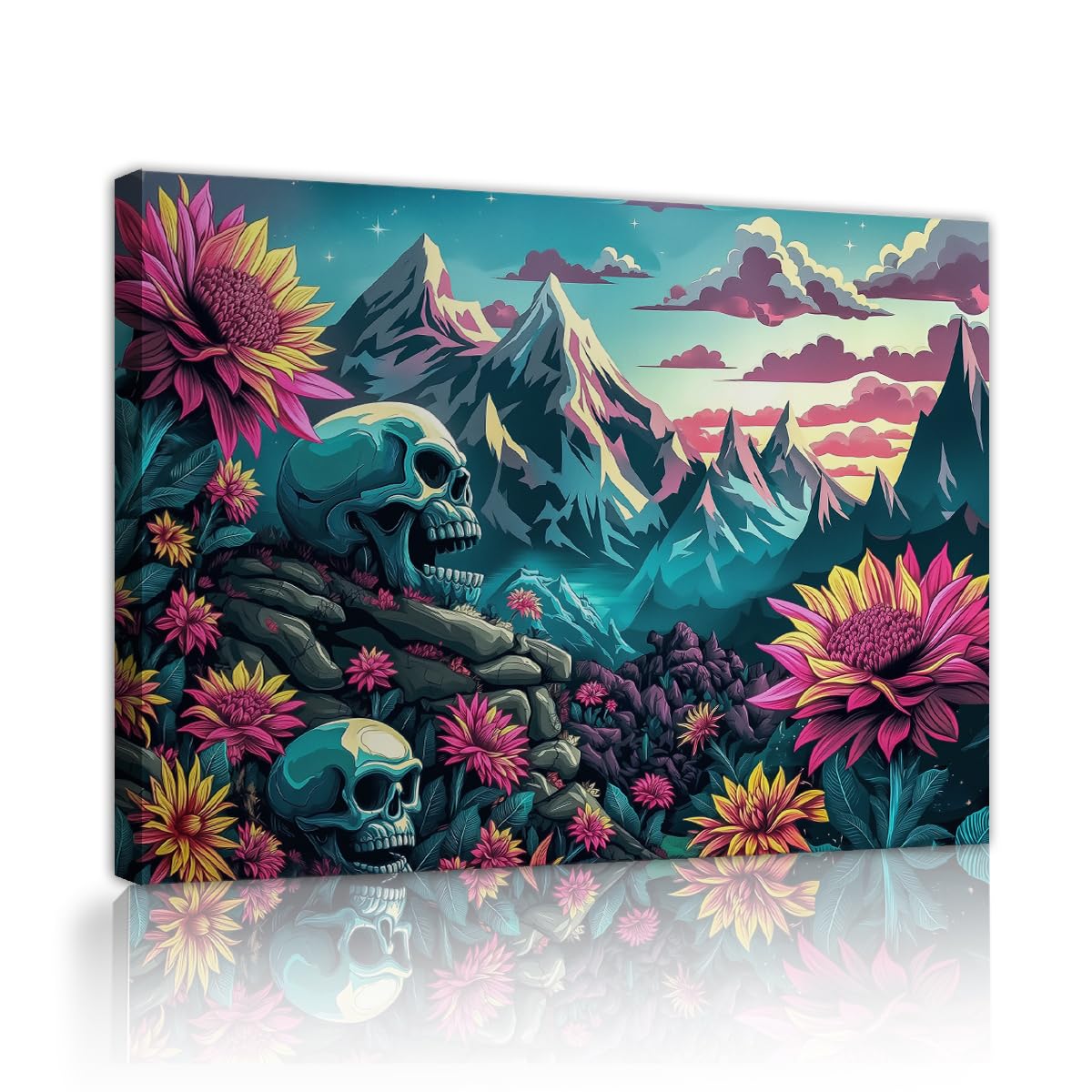 YUNART Trippy Skull Canvas Wall Art Fantasy Flower Skeleton Gothic Wall Decor Psychedelic Mountain Landscape Pictures Framed Wall Art 50x70cm Innerframe