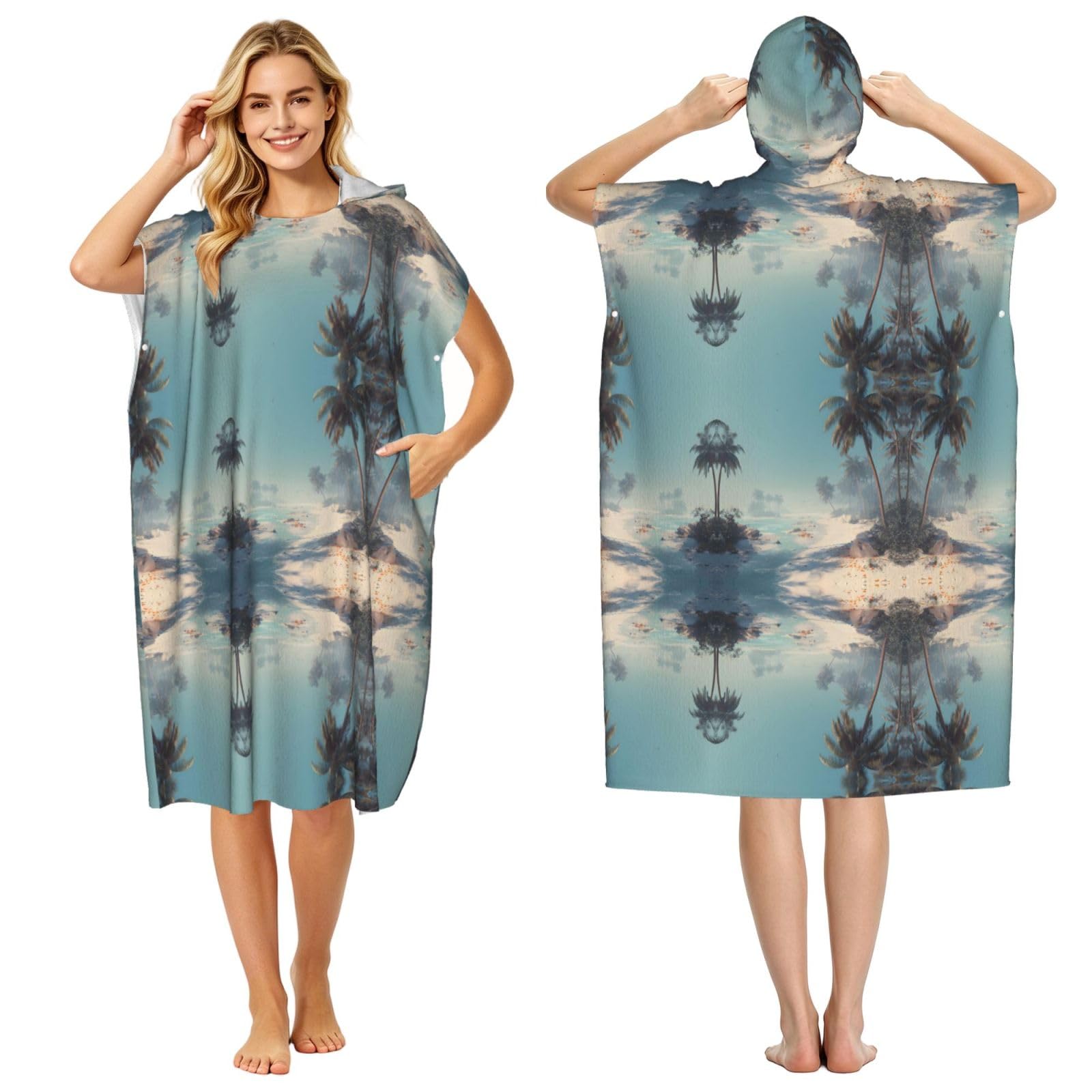 EZDLOWVBA Beach Print Hooded Poncho Microfiber Beach Towel,Adult Women & Men Changing Robe,Lightweight Summer Surf Swim Bath Poncho Towel