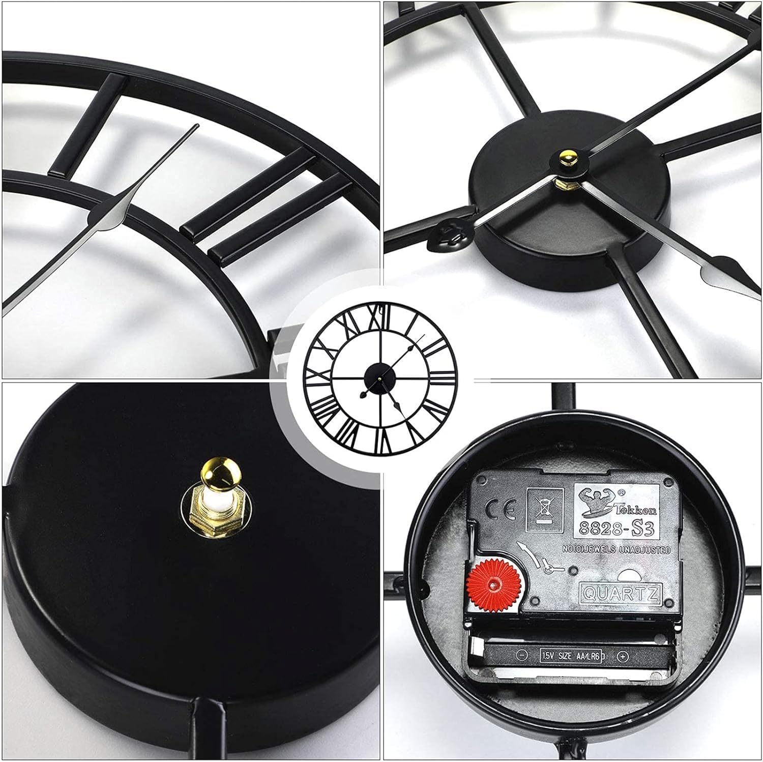 Orologio da Parete con Numeri Romani, Orologio da Parete in Metallo in Stile Industriale retrò, Orologio Silenzioso A Batteria per Soggiorno E Ufficio, Decorazione da Parete per La C, Black, 16 in