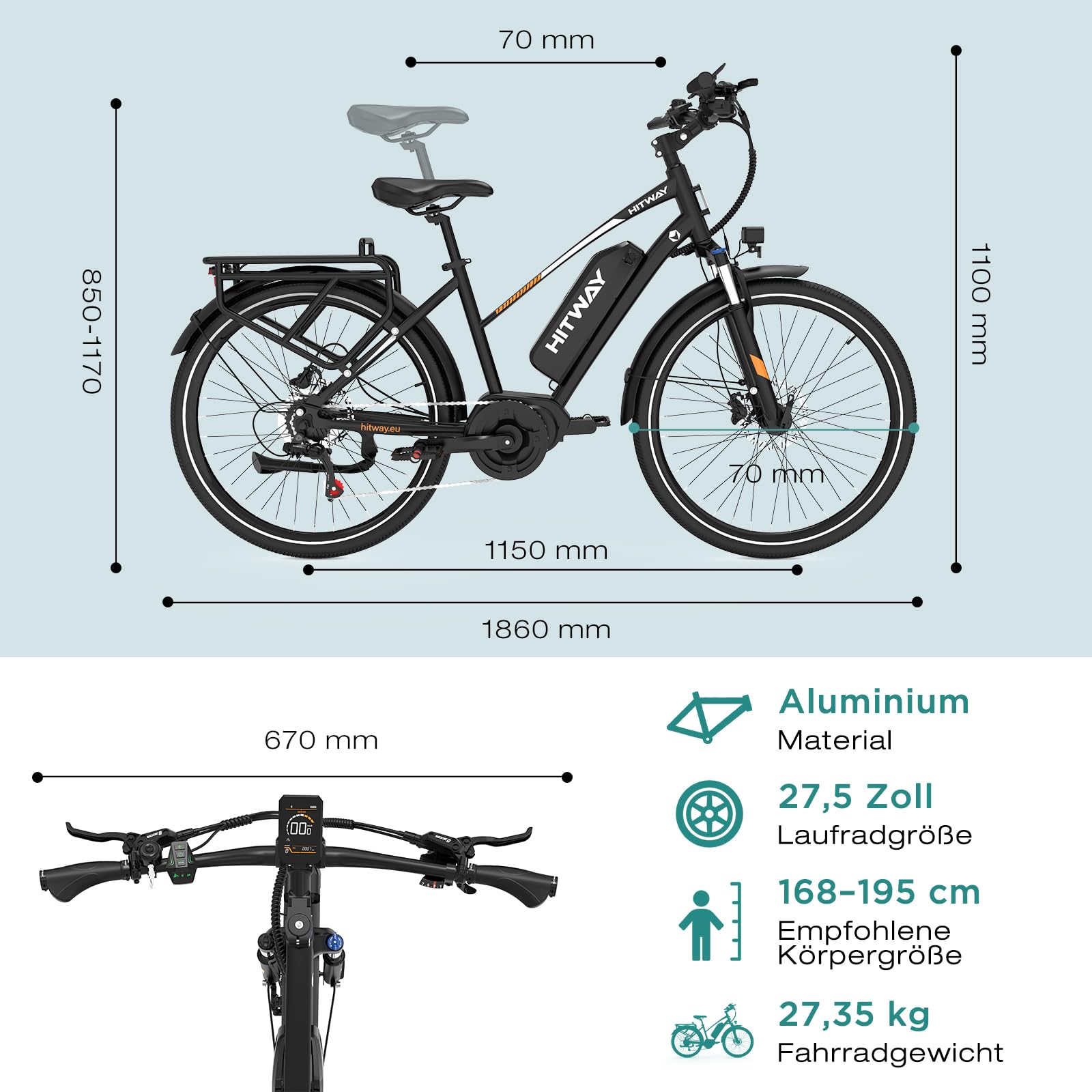 HITWAY Bicicleta Eléctrica 27,5"/28" de Trekking, Batería 36V 13Ah, Motor 250W Trasero/Central, Cambio 7 Velocidades – E-Bike de Ciudad Pedelec para Adultos Hombres y Mujeres