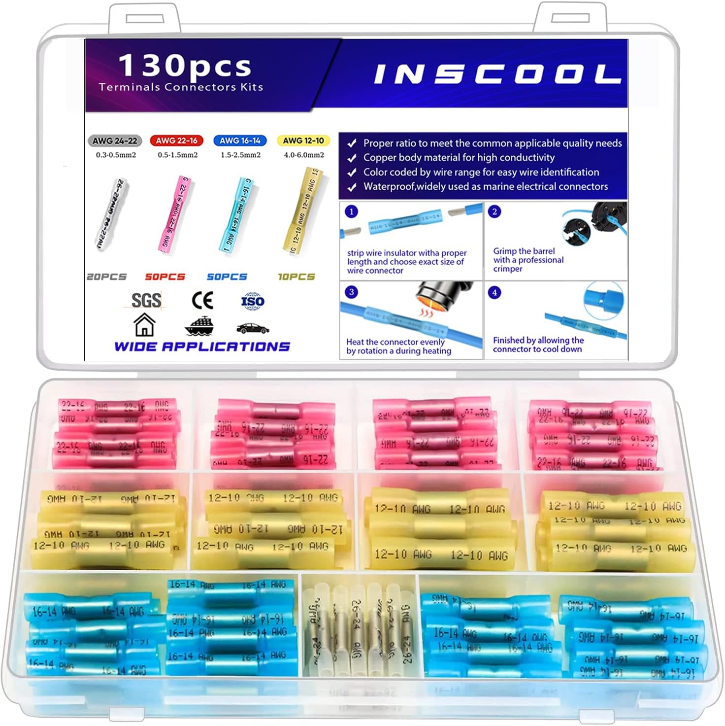 130pcs Heat Shrink Butt Connector, Waterproof Crimp Electrical Wire Connector, Butt Splice Terminal Best for Repair and Maintenance. Suitable for Automotive, Decoration Wiring, Marine Wire Joint