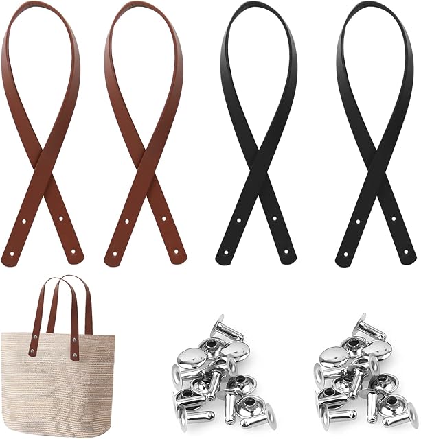 WACH AUF 2 Pairs PU Leather Bag Handles 60cm/23.6in Leather Handbag Handle Replacement Handbag Imitation Leather Strap with 16 Sets Rivets for Bag Making Purse Totebag Straps (Black+Khaki)