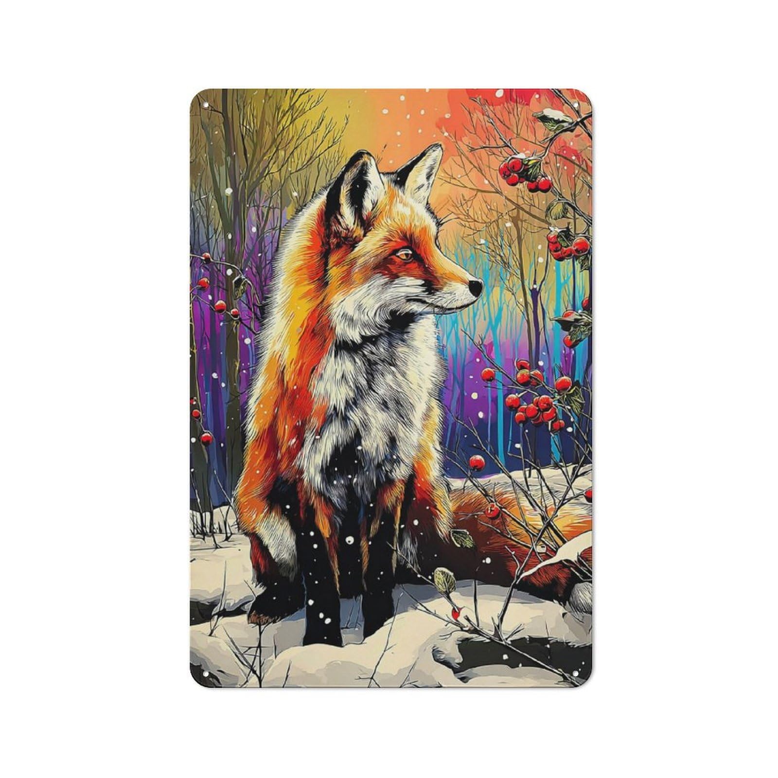 Winter Fox in Snowy Forest-1 Farmhouse Metal Sign 30x20cm, Barn Style Rustic Kitchen Decor for Cottage, Kitchen, Hallway Or Breakfast Nook