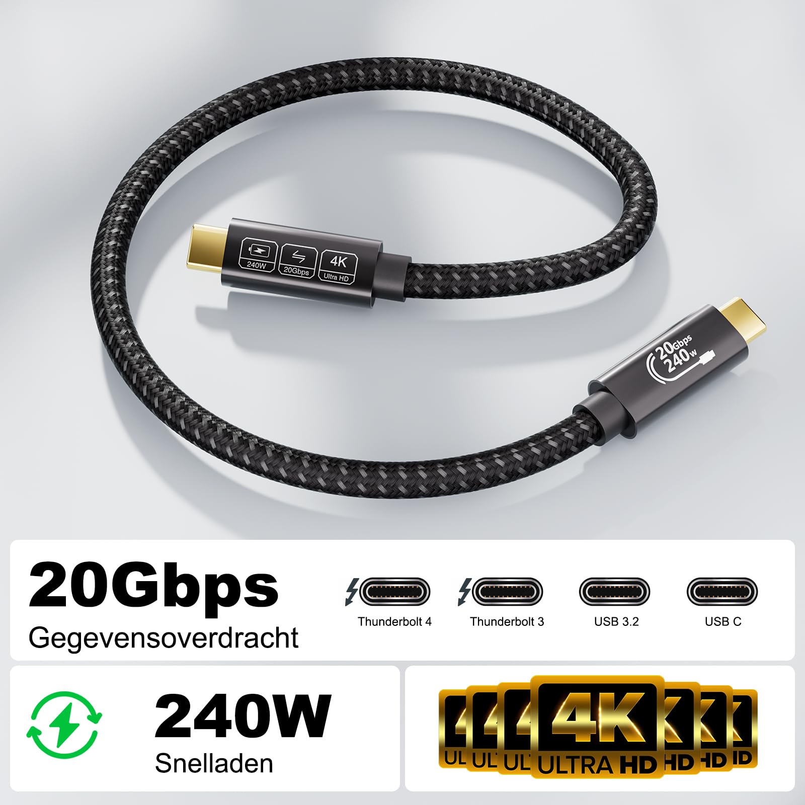 EUDOBEL USB C-kabel 240W 4K @144Hz 5K @60Hz, 20Gbps datakabel 0,5m, 3.2 Gen2 x 2 oplaadkabel voor Thunderbolt 4/3, iPhone 16/15, MacBook, Switch, Monitor, VR, SSD