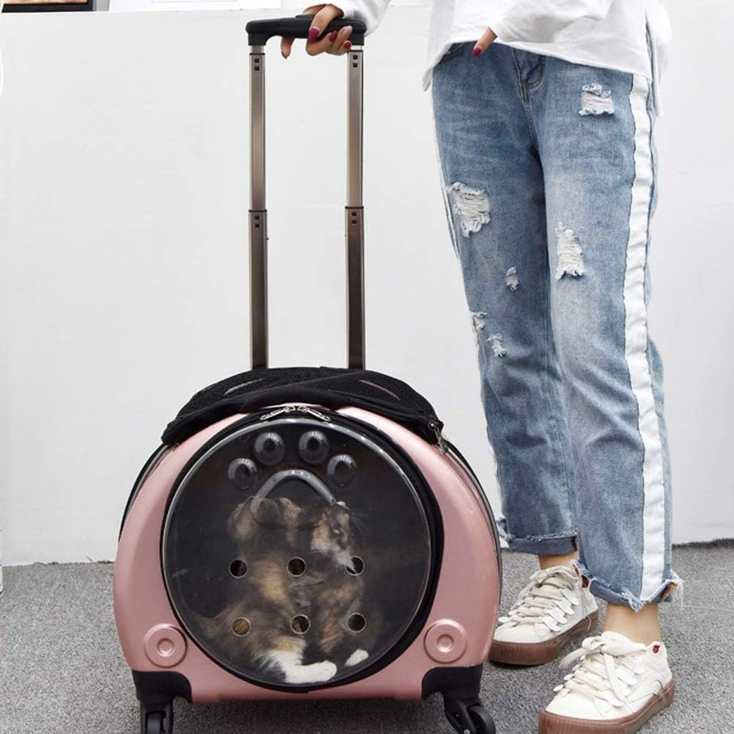 Transportín rodante con Ruedas para Mascotas, Mochila 2 en 1 para Perros y Gatos, Equipaje de Viaje con 4 Ruedas, Aprobado para vuelos, Uso Interior y Exterior, Silver