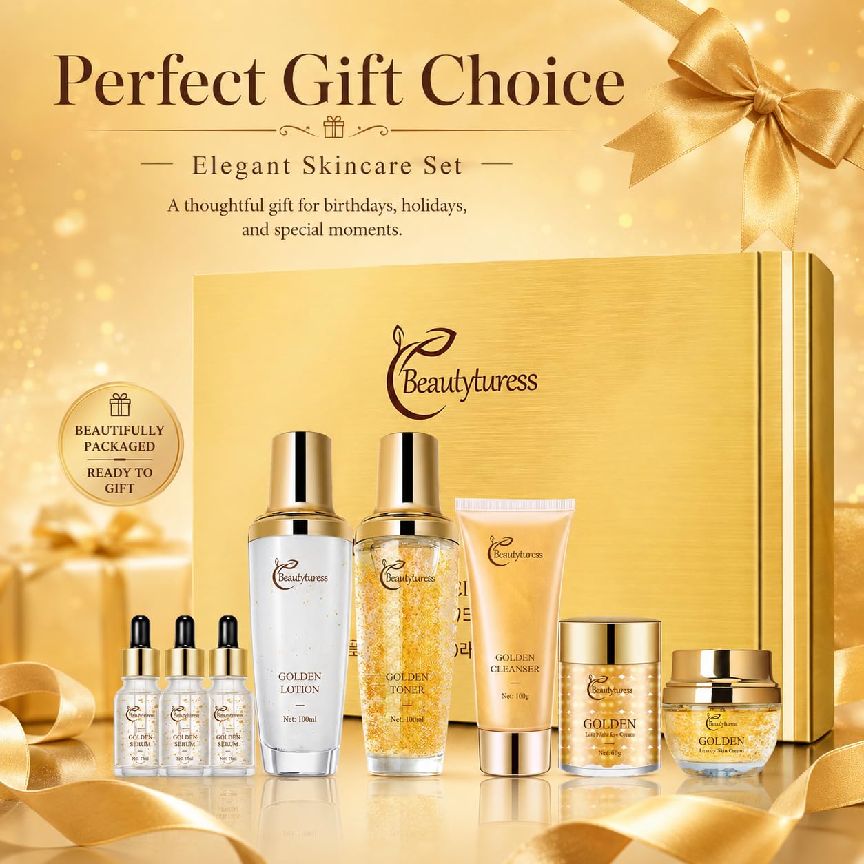 Golden Facial Skin Care Set with Cleanser, Toner, Lotion, Face Cream, Day Cream, Eye Cream & Serums, Hydrating Daily Skin Care Kit with Sodium Hyaluronate & Snail Mucin, Gift Set for Women