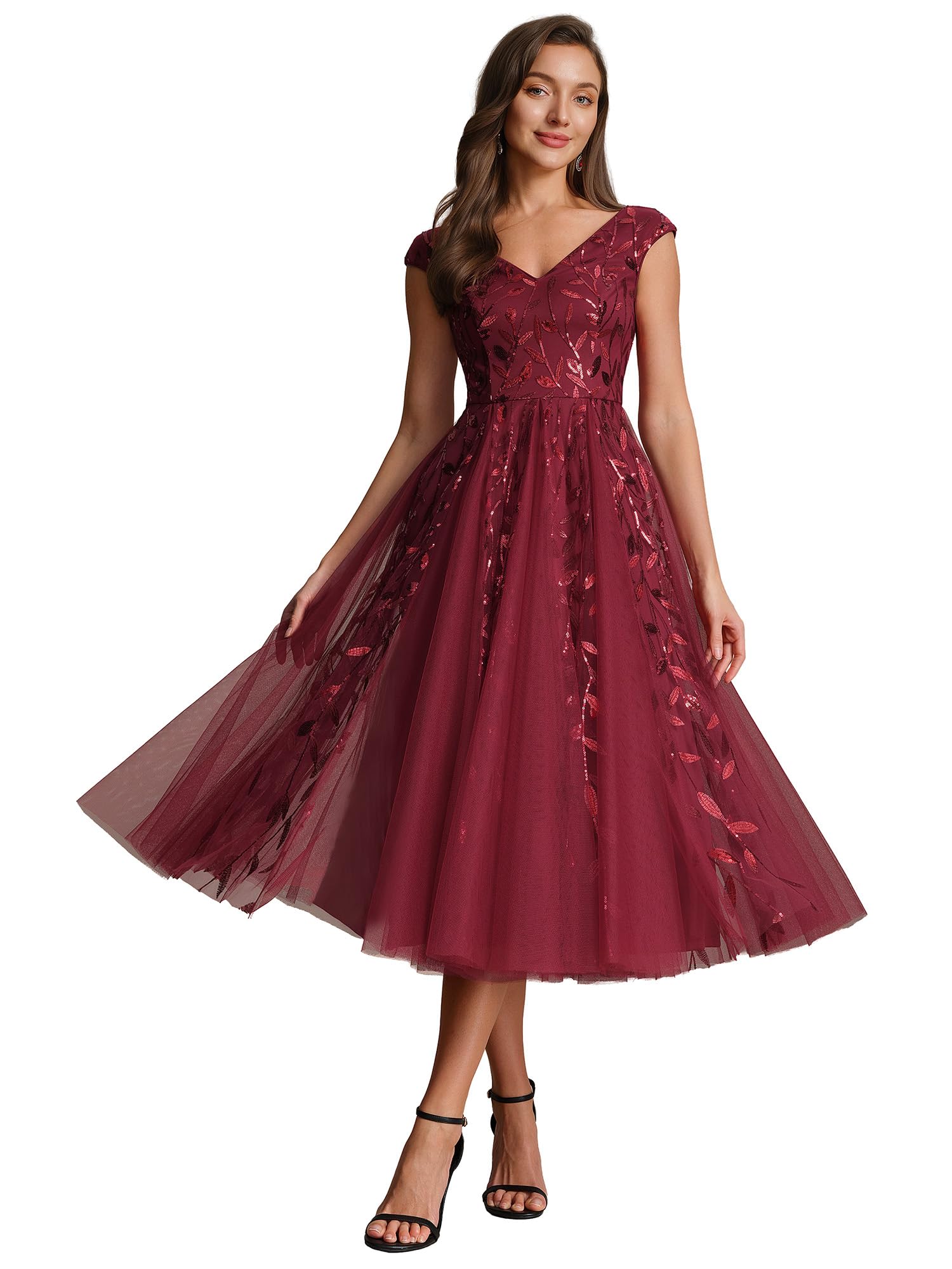 Ever-Pretty Robes d'Invité de Mariage Col en V Manches Courtes Paillette Tulle Midi EG02780