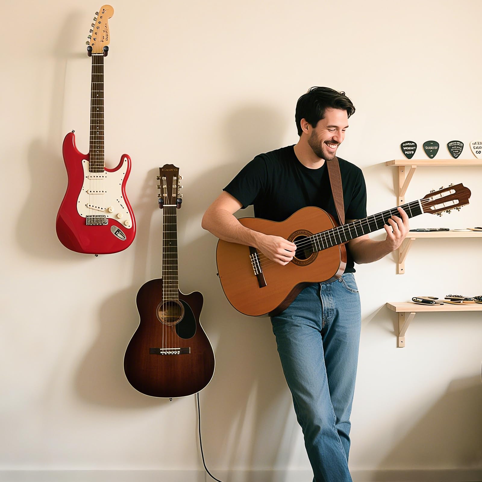 MUSO Colgador de pared para guitarra, colgador de madera natural, gancho de soporte para guitarra, se adapta a guitarra acústica, clásica, bajo eléctrico, violonchelo, violín, banjo, mandolina, cebra