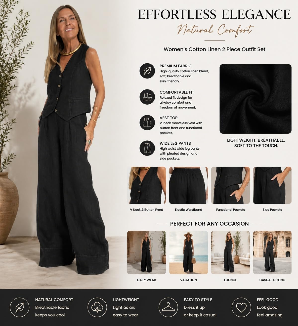 Ensemble Femme Chic Et Elegant Ensemble Deux Pièces Pour Femme Gilet En Lin Sans Manches À Col En V Et Pantalon Large Assorti Idéal Pour Le Travail Les Voyages Et Les Occasions Décontractées