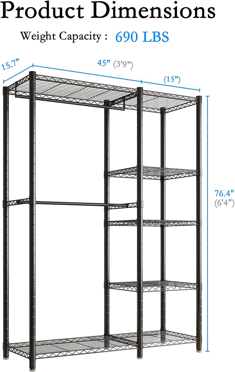 Kryonix Heavy Duty Garment Rack with Shelves, 5-Tier Freestanding Clothes Rack, Metal Closet Organizer for Hanging Clothes, 45" Wide Portable Wardrobe for Bedroom, Max Load 690 lbs - Black