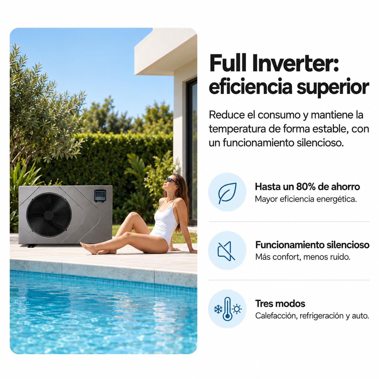 Bomba de Calor Full Inverter WiFi para Piscina, 20 kW, para Piscinas 80-110 m³, 220-240V 50-60 Hz, 1106 x 390 x 756 mm