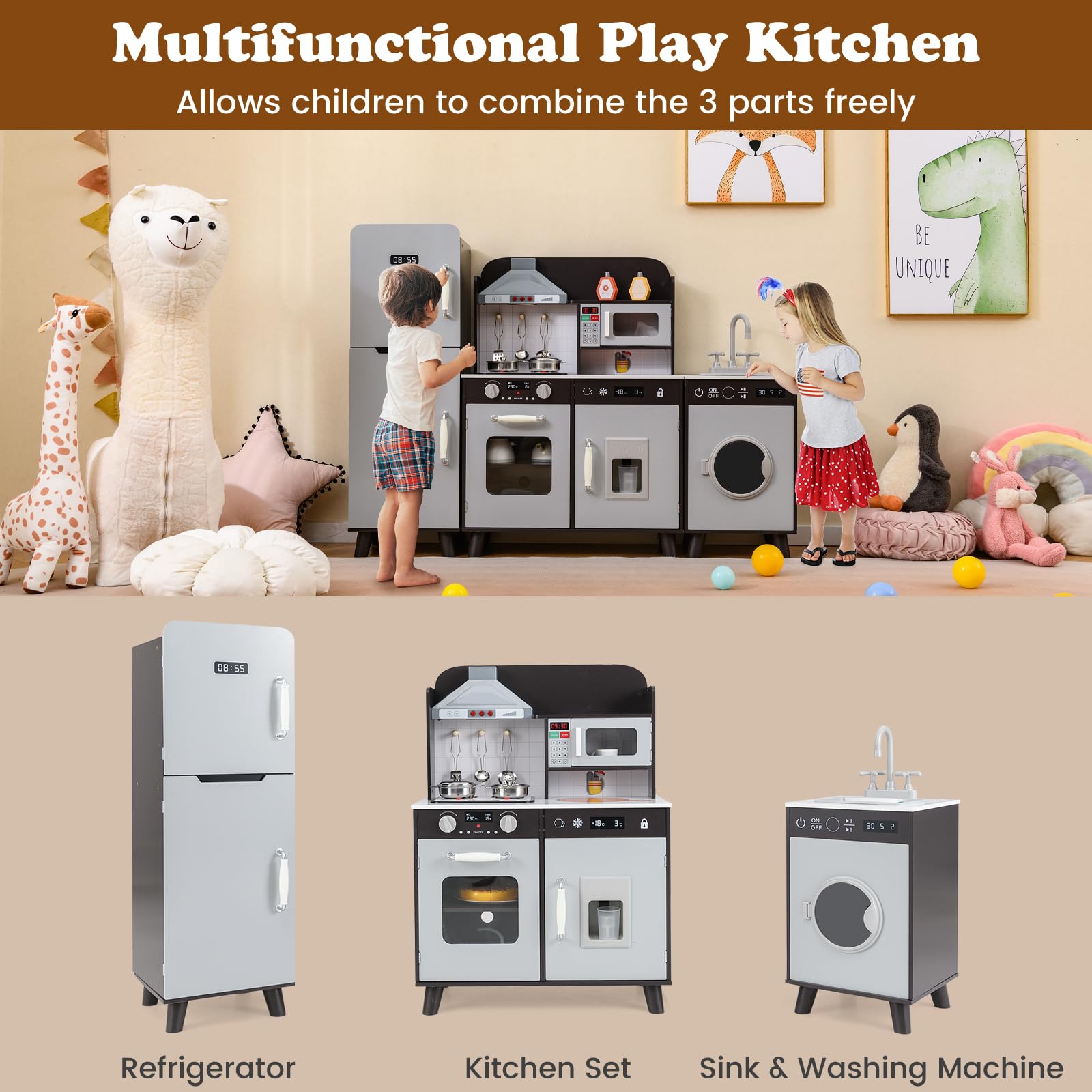 HOMASIS Cucina Giocattolo per Bambini, Gioco di Imitazione con Luci e Suoni, Lavatrice, Macchina per Ghiaccio, Fornello, Lavello, Microonde, Set da Cucina per Bambini dai 3 anni in su (Marrone)