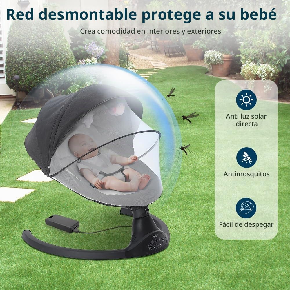 Bioby Hamaca Bebe Electrica, Mecedora Bebe con Arnés de 5 Puntos, 5 Amplitudes de Balanceo, con Bluetooth, Mando a Distancia, Columpio Bebe Balancin Ligero para Bebés de 2 a 9 kg, 0-10 Meses (Negro)