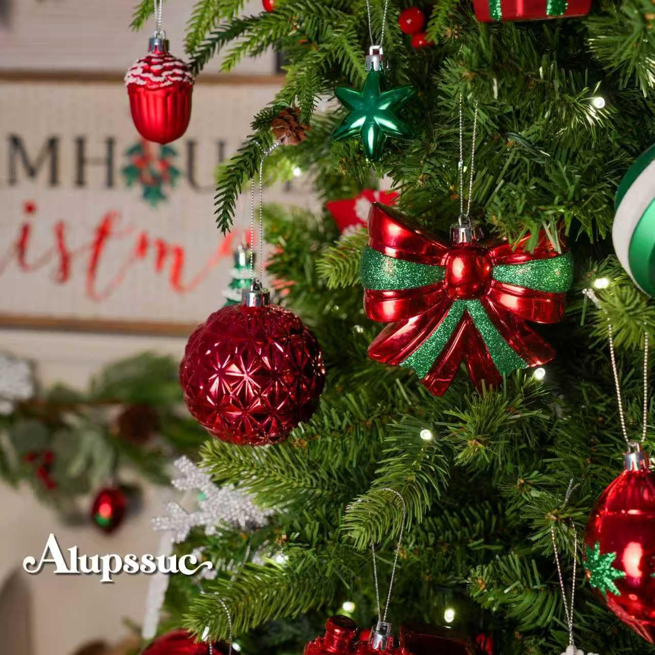 Alupssuc 82 Palline di Natale Infrangibili, Decorazioni Albero di Natale | 82 Pezzi Palline Albero di Natale, Corde Pre-appese, Plastica Infrangibile, per Albero/Casa/Feste, Rosso, Verde e Bianco