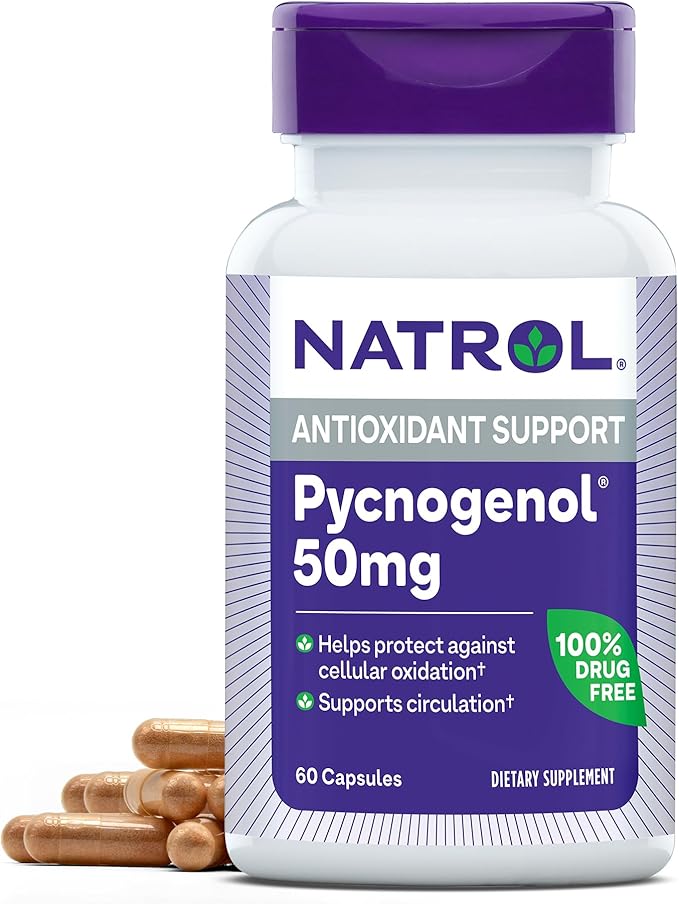 Natrol Pycnogenol Capsules, Antioxidant Protection, Supplement Protects Against Cellular Oxidation and Age-Related Damage, European Maritime Pine Bark Extract, Supports Circulation, 50 mg, 60 Count
