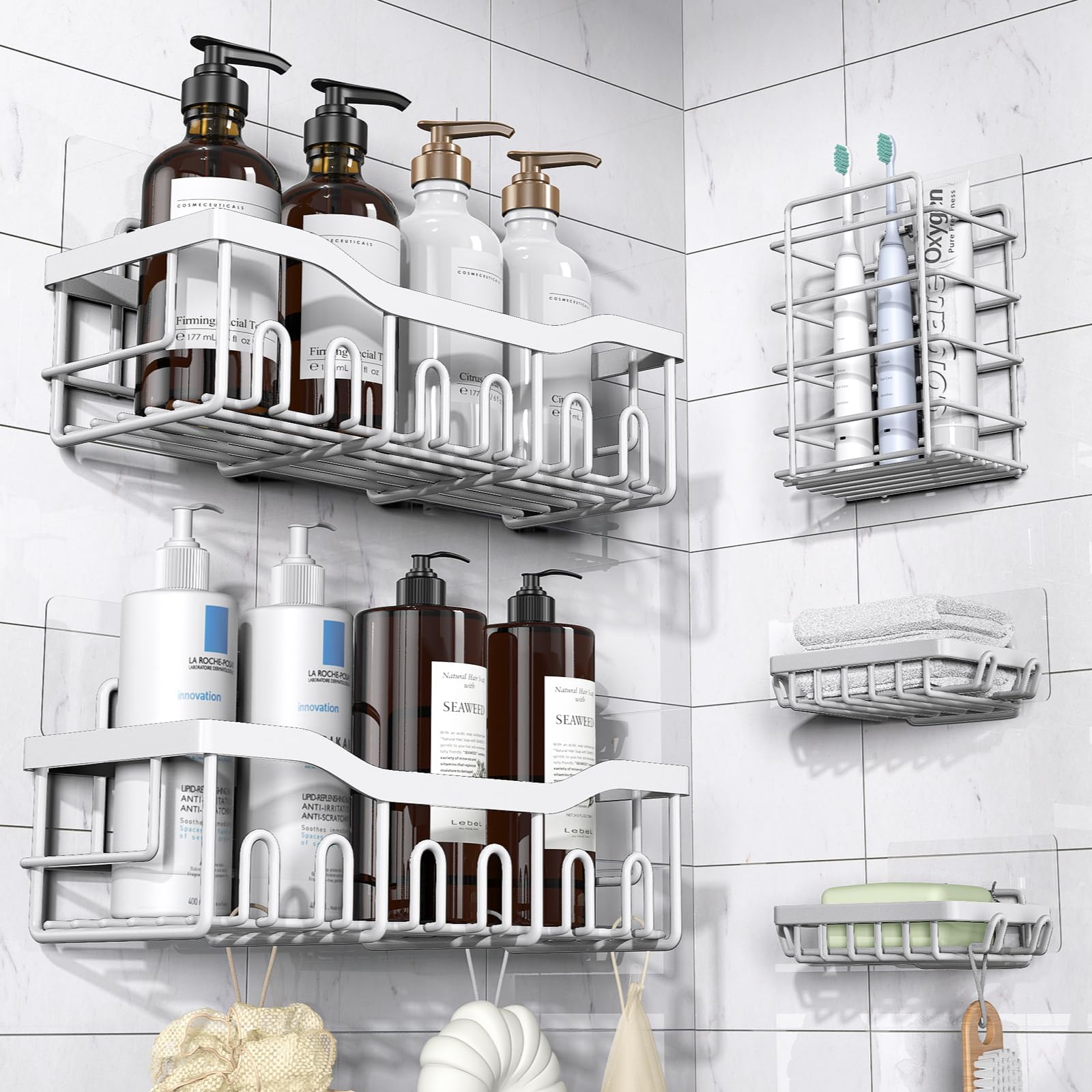 5-Pack Rustproof Stainless Steel Shower Caddy Set– No Drill Adhesive Bathroom Organizer, Space-Saving Shower Shelves for Apartment Essentials, Bathroom/Kitchen Storage Home Decor-L Size