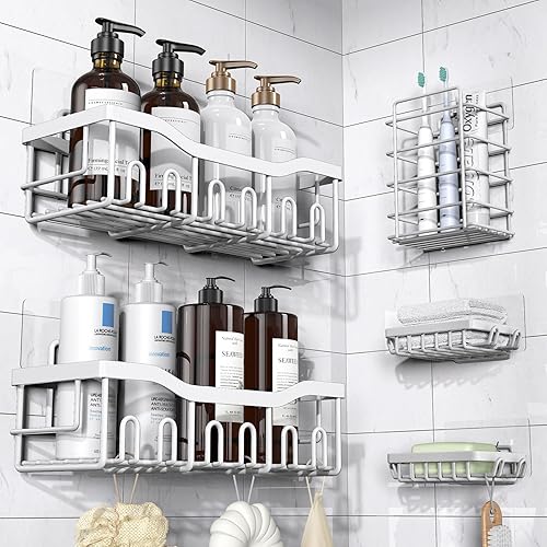 5-Pack Rustproof Stainless Steel Shower Caddy Set– No Drill Adhesive
