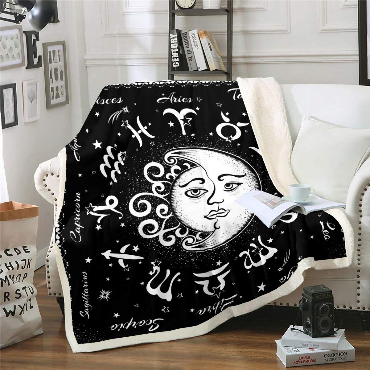 Sun and Moon Sherpa Blanket Bohemian Style Fleece Throw Blanket for Kids Boys Girls Boho Exotic Constellation Plush Blanket Galaxy Astrology Fuzzy Blanket for Sofa Bed Couch Baby 30x40 Inch — image 1