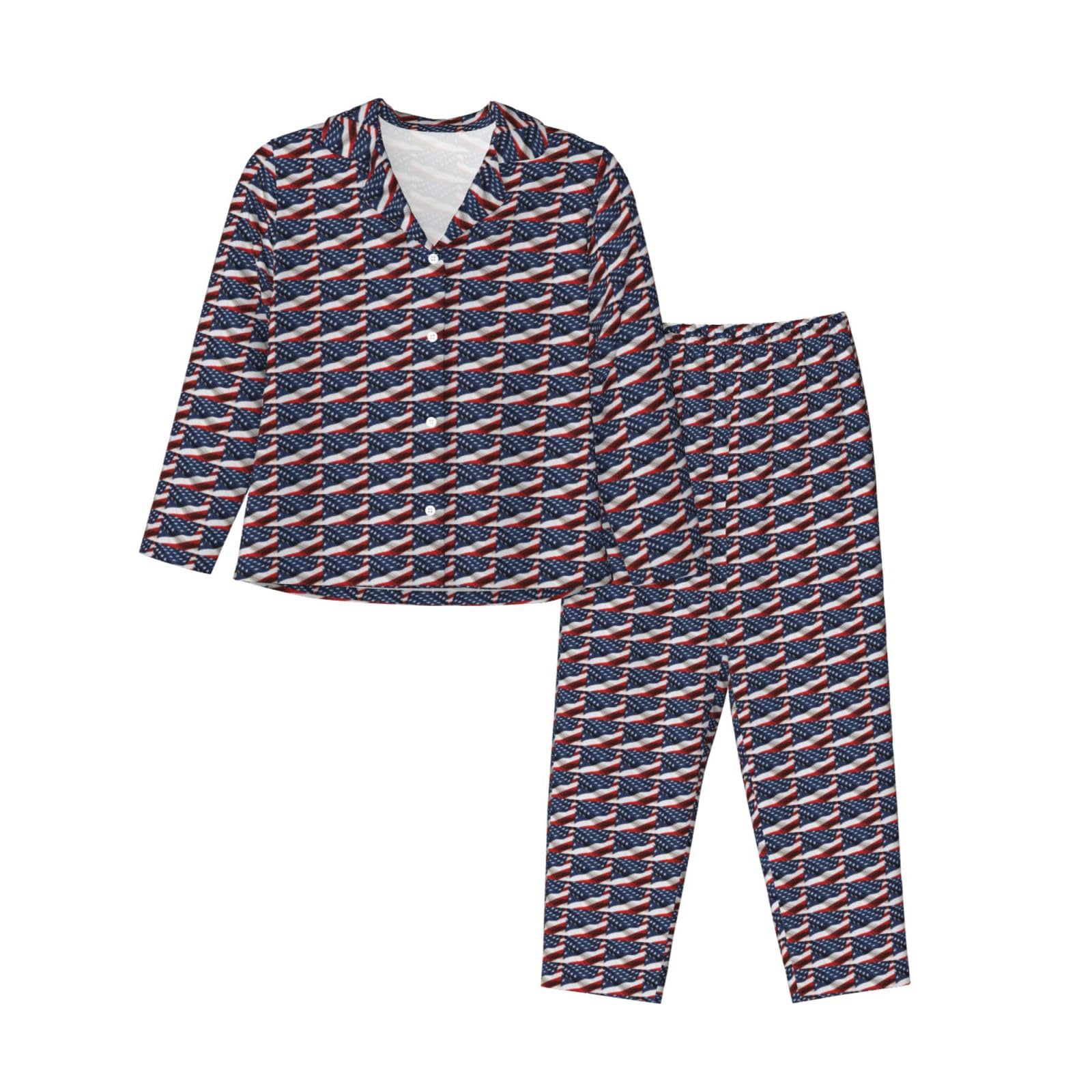 AYYQWE American Flag Print Women'S Long Sleeve Pajama Set Sleepwear Cozy Homewear Casual Two-Piece Nightwear Black
