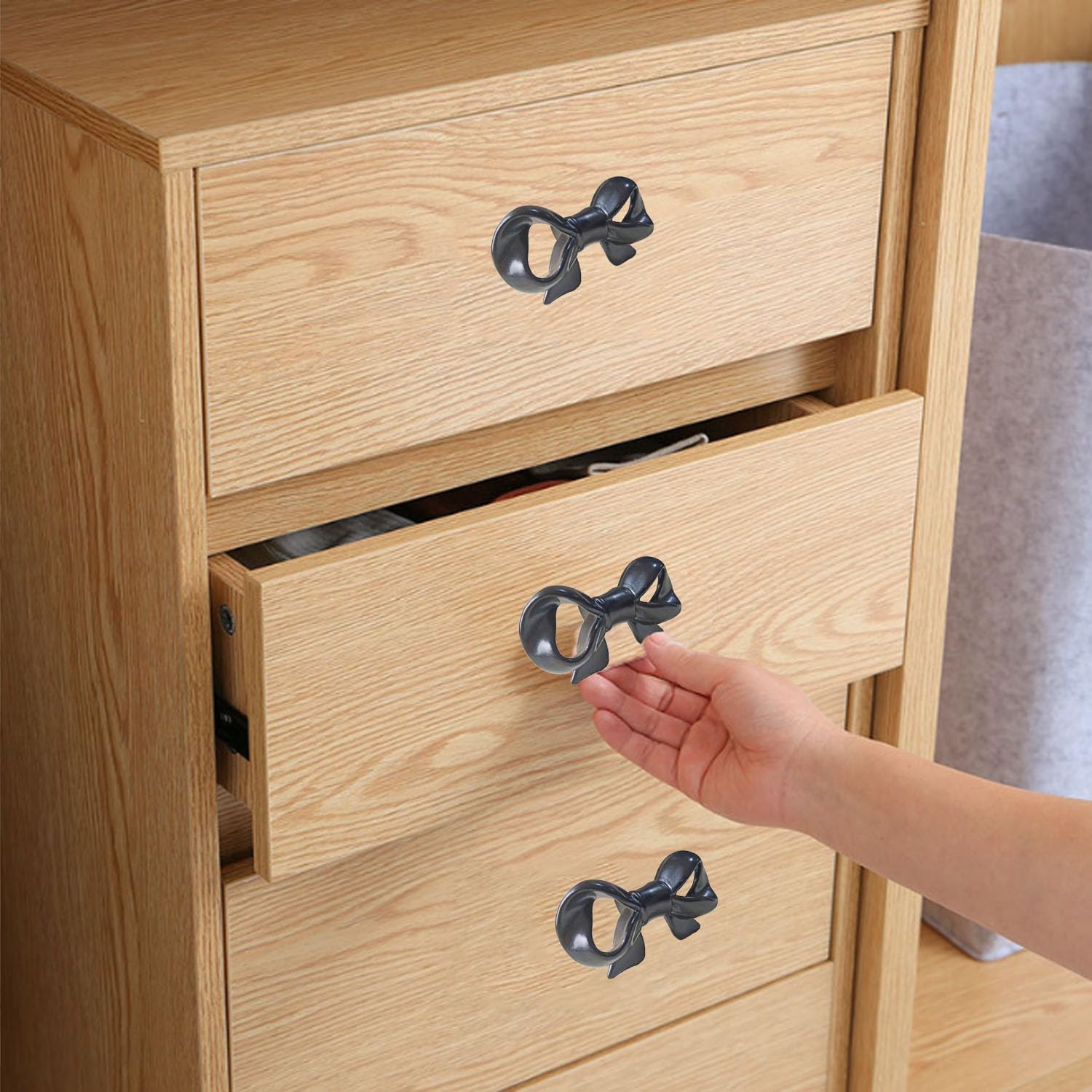 Zinc Alloy Bow Knobs Black Cabinet Handle Drawer Pulls Home Kitchen Decorative Cupboard Dresser Wardrobe Cabinet Knobs 4 Pieces