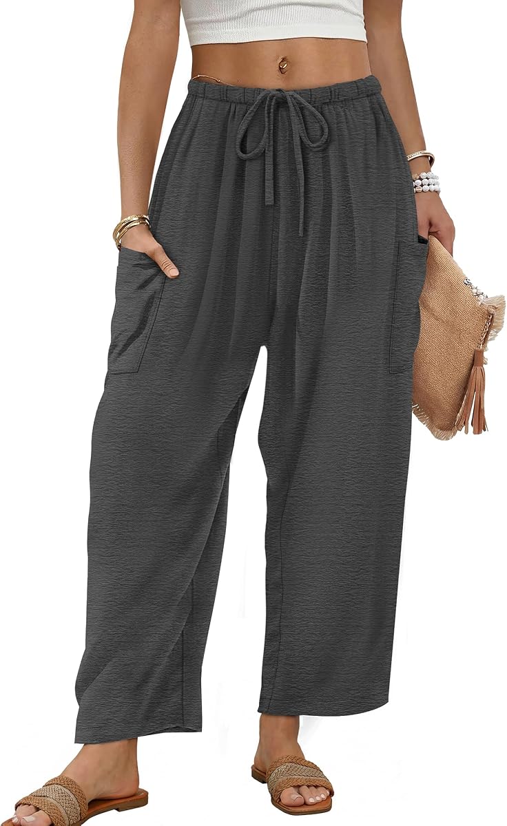 Sampeel Wide Leg Pants for Women Barrel Flowy Palazzo Elastic Waist Trousers with Pockets Summer Beach Vacation Outfits
