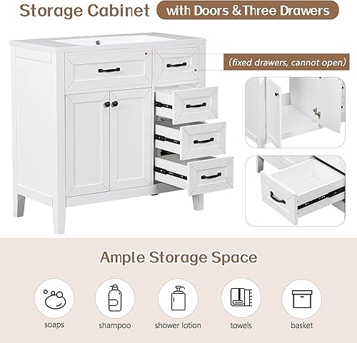 Miniatura 4 de Combo de tocador de baño de 36 pulgadas con fregadero, con cajones y estantes de almacenamiento de cierre suave, con gabinete de baño independiente