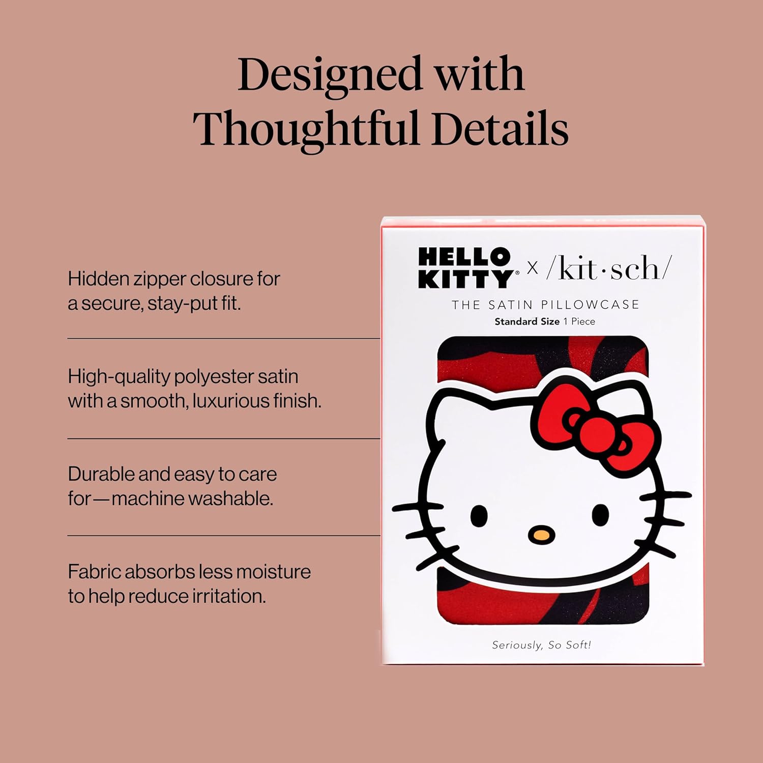 Kitsch x Hello Kitty Satin Pillowcase – Toddler Pillowcase with Zipper – Cooling Satin Toddler Pillow Case for Hair & Skin – Kids Pillowcase Standard Size (19x26) - Sea of Bows