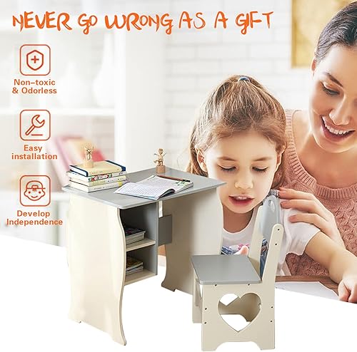 Miniatura 7 de Juego de escritorio y silla para niños, escritorio de estudio para niños con estante de almacenamiento, mesa de estudio escolar de madera, mesa de