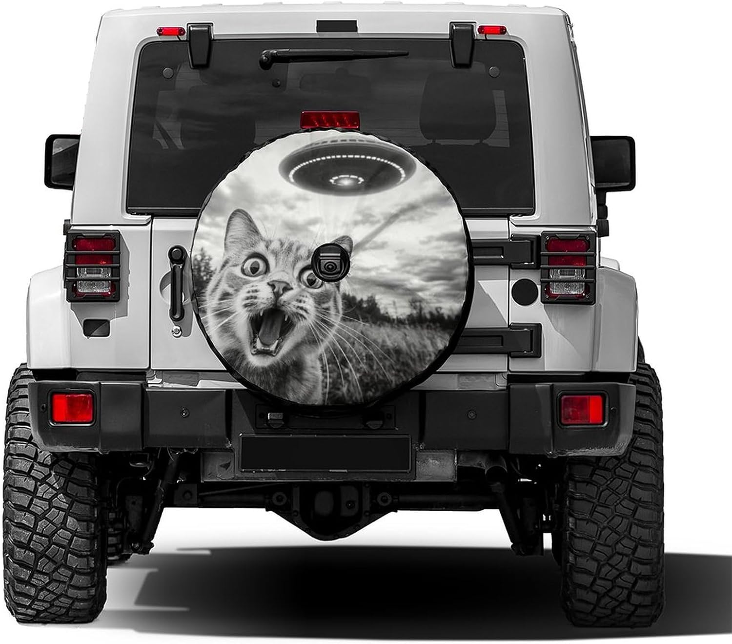 Cat UFO Alien Spare Tire Cover with Backup Camera Hole Wheel Tire Cover Fit Trailer, RV, SUV and Many Vehicle 18inch