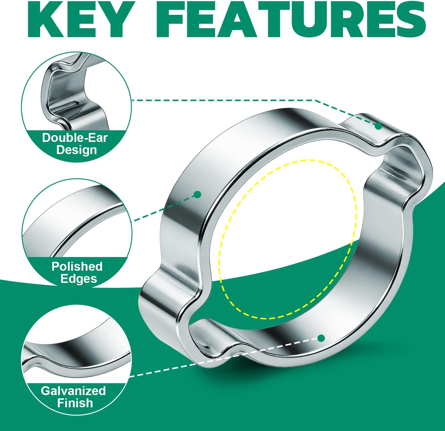OURU 60PCS Double Ear Hose Clamps, 7 Sizes 5-20mm Galvanized Steel Crimp Rings for Hoses, Tubes, and Pipelines
