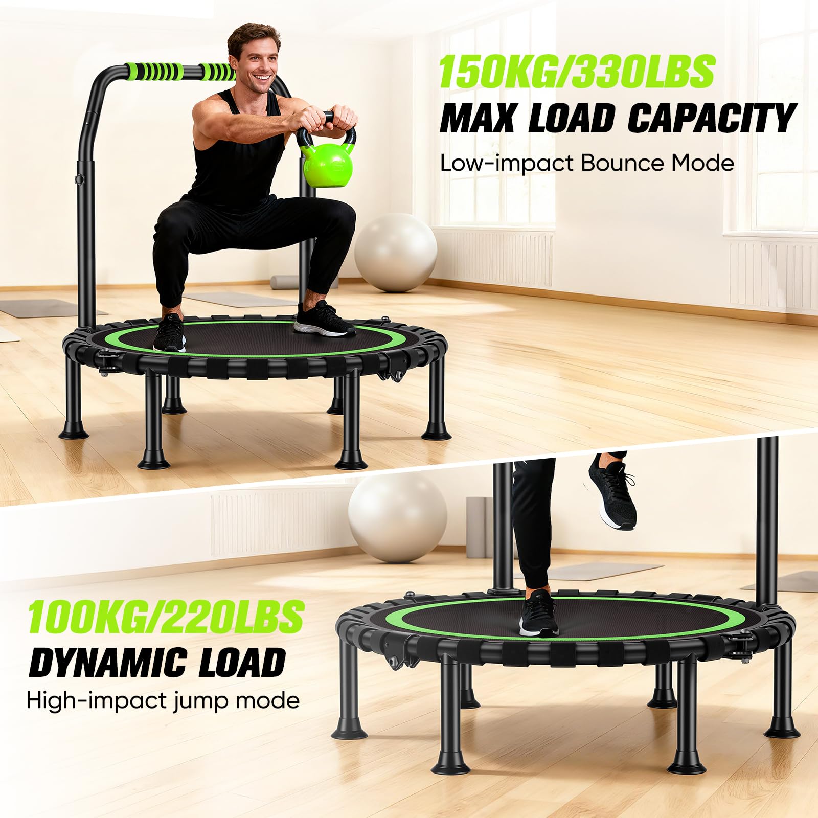 Trampolino pieghevole Ø 101 cm, per jumping fitness, portata 150 kg, altezza del corrimano regolabile, allenamento di resistenza, diversi gruppi di persone