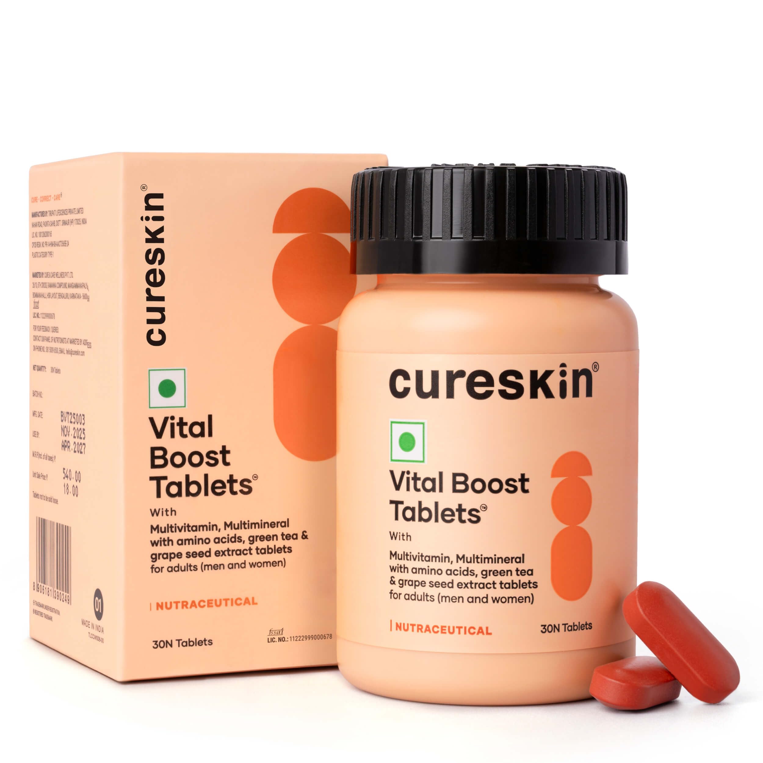 Cureskin Vital Boost Hair & Skin Multivitamin Tablets | With Biotin, Amino Acids & Antioxidants | Controls Hair Fall, Promotes Hair Growth & Skin Radiance | For Men & Women | 30 Tablets