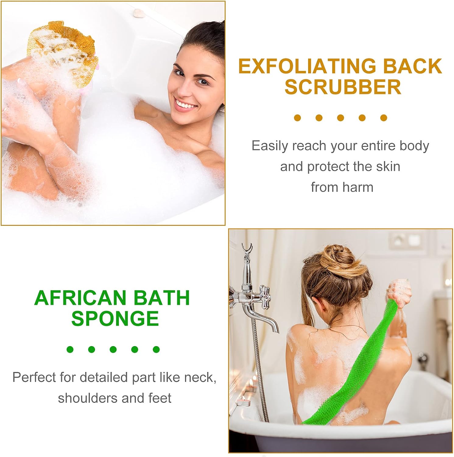 2 Pieces African Exfoliating Net Bath Sponge African Net Long Back Scrubber Body Shower Scrubber Back Scrubber Skin Smoother for Daily Use or Stocking Stuffer (Green, Yellow)
