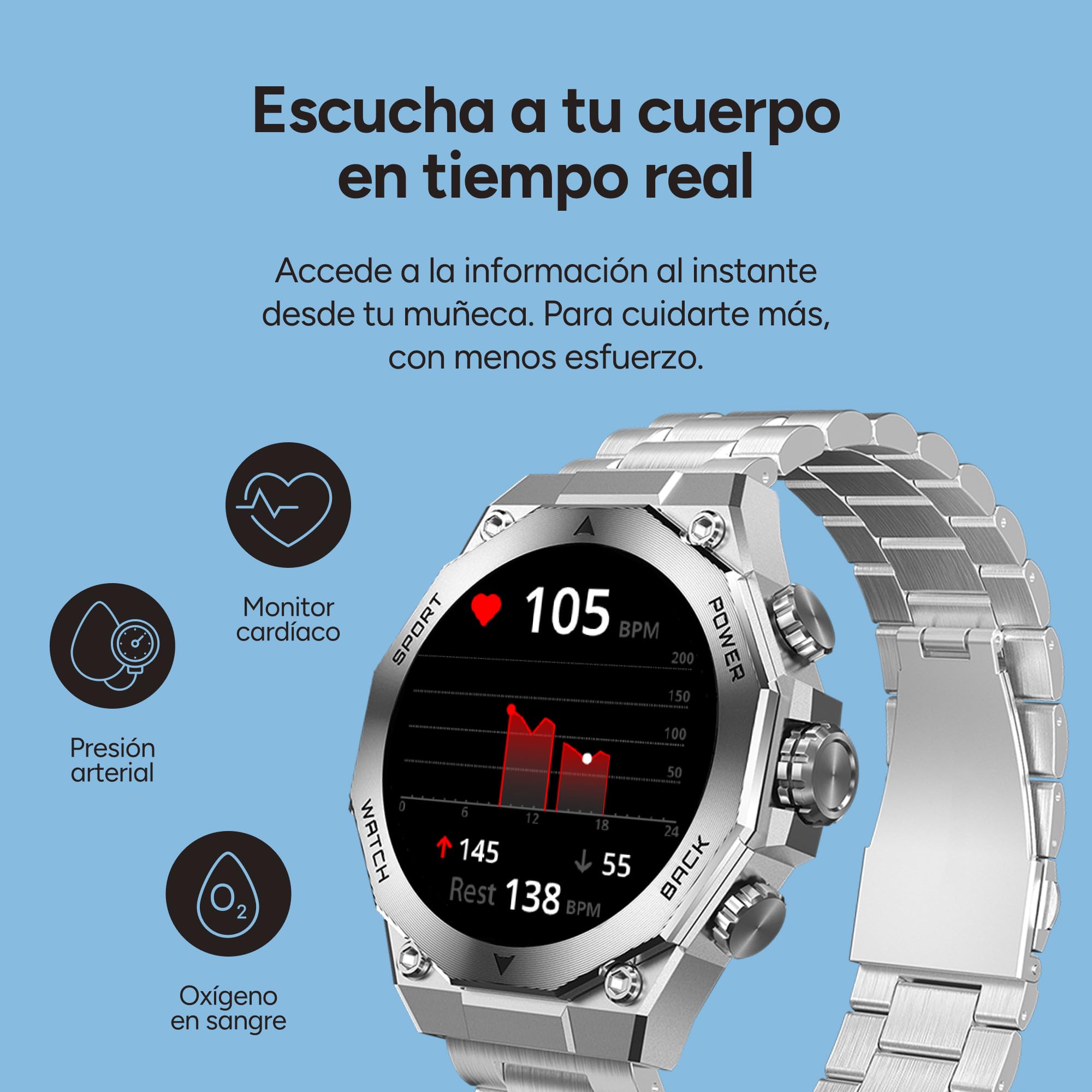 KSIX Smartwatch Titanium Go - Reloj Inteligente Hombre Pantalla AMOLED 1.43", Diseño Cronógrafo, Llamadas, IP67, Compatible con iPhone® y Android®, 2 Correas Acero Plateada y Silicona Azul