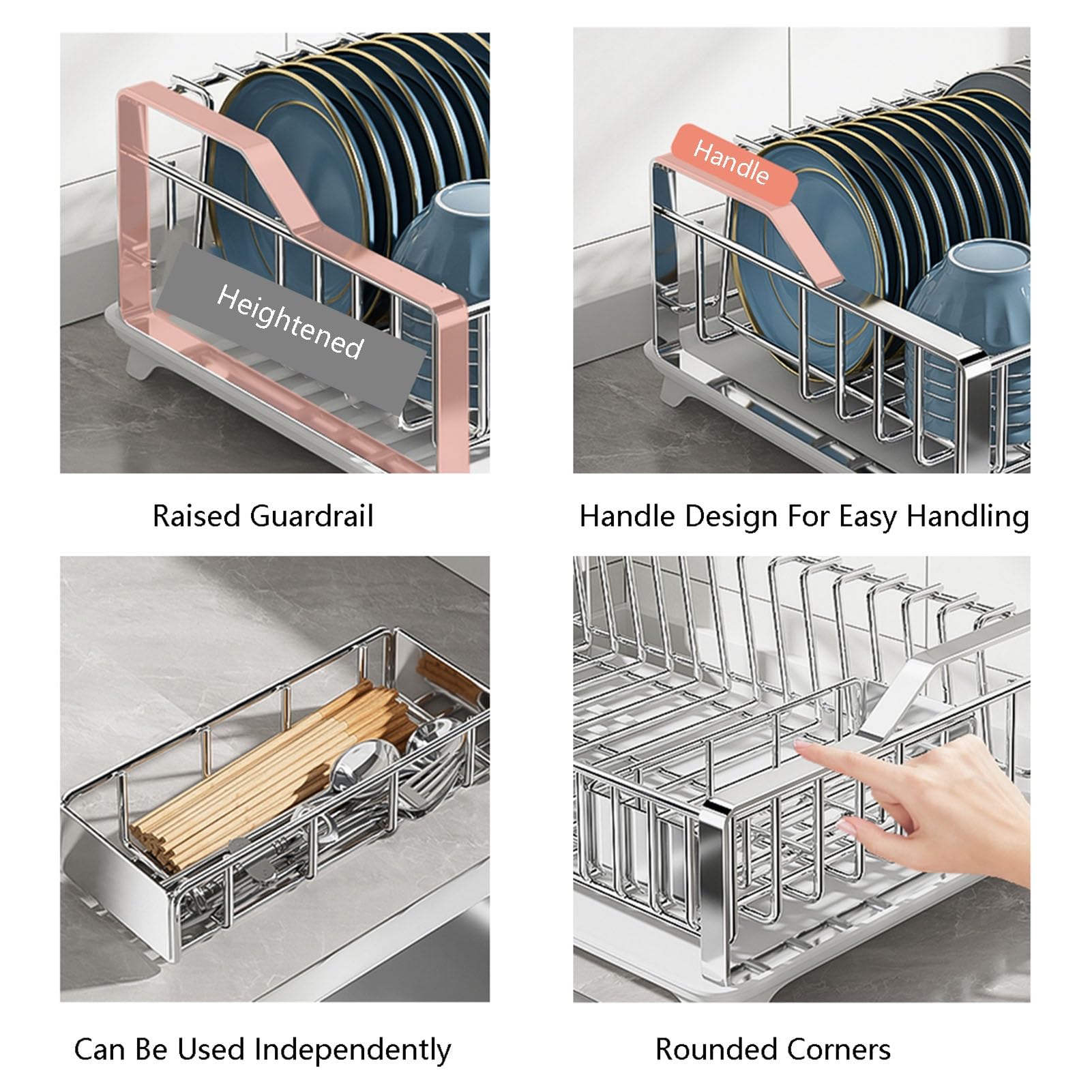 Égouttoir à vaisselle en acier inoxydable avec porte-ustensiles et planche de drainage automatique pour vaisselle, couteaux, cuillères et fourchettes