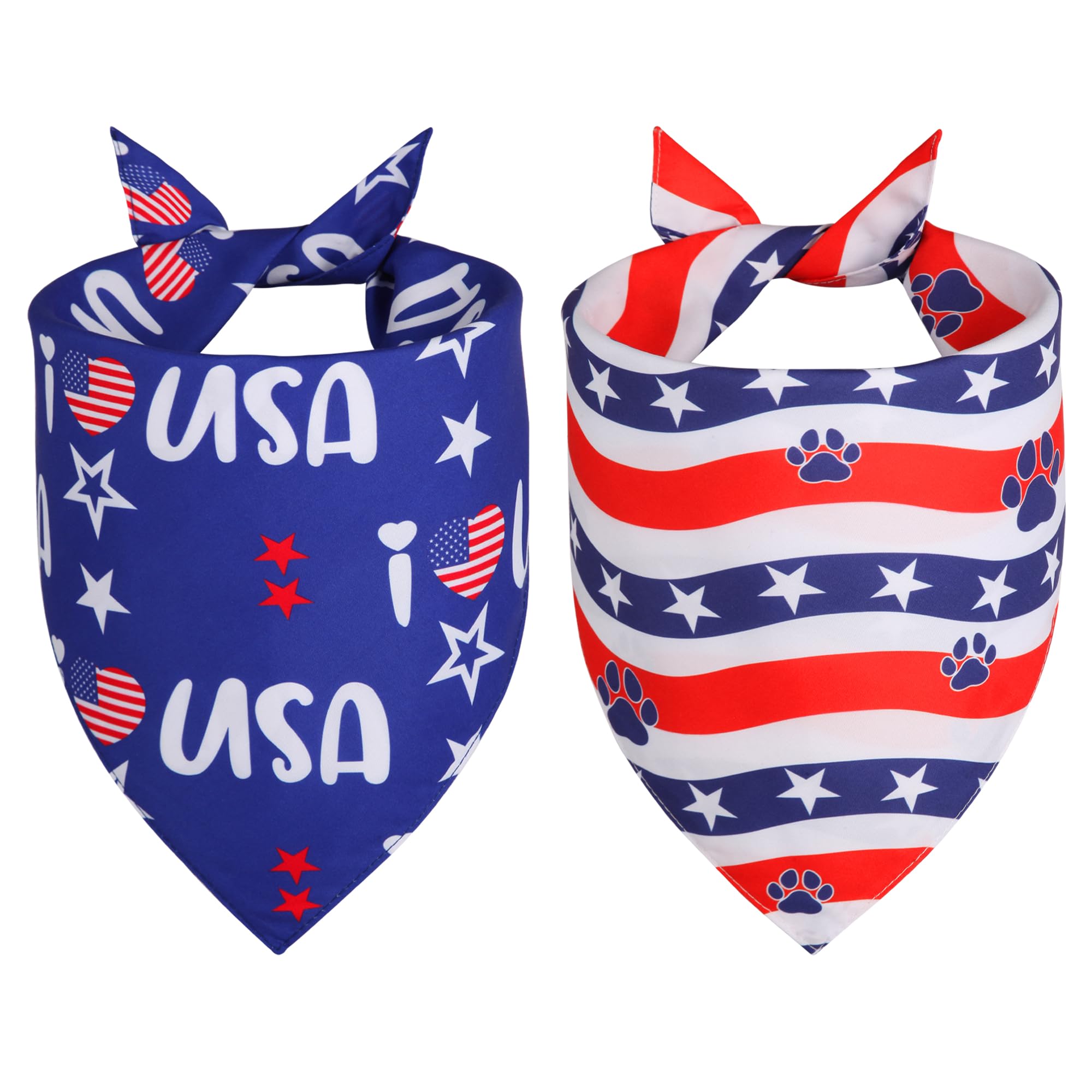 WoffBow 4th of July Dog Bandanas 2-Pack for Large X-Large Dogs 18-23" Neck - USA Flag Stars Stripes Paw Print Reversible Scarves, Patriotic