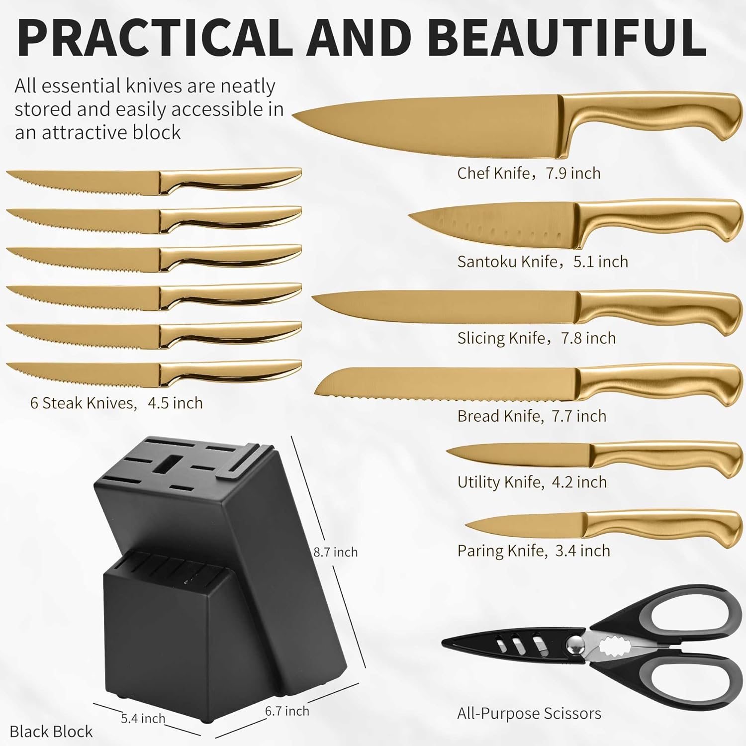15-Piece Gold Kitchen Knife Block Set with Sharpener, Stainless Steel Knives Set for Kitchen, Chef Gold Kitchen Knife Sets with Scissors, Steak Knives