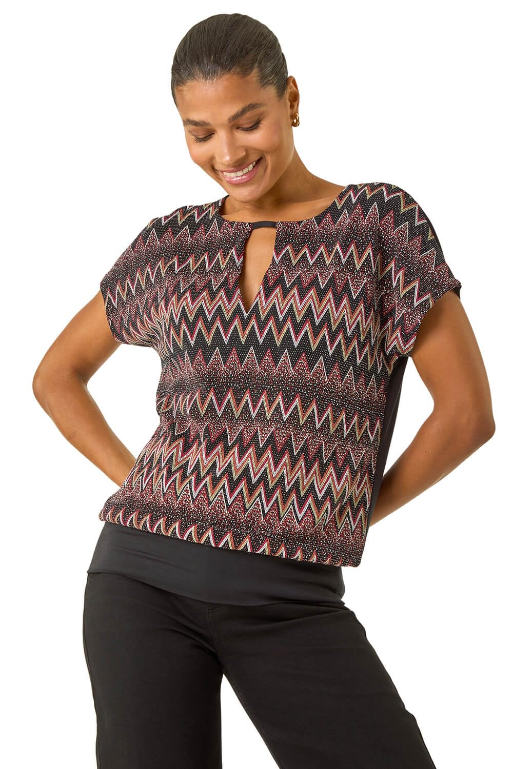 Roman Originals Women's Bronze Zig Zag Print Bubble Hem Top For Uk - Everyday Autumn Winter Round Neckline Comfy Soft Evening Vacation Work Party Night Out - Size 12
