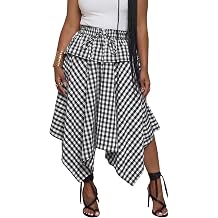 Womens Gingham Plaid Midi Skirt Summer Casual Asymmetric Handkerchief Flowy A-Line Weekend Skirts with Pockets