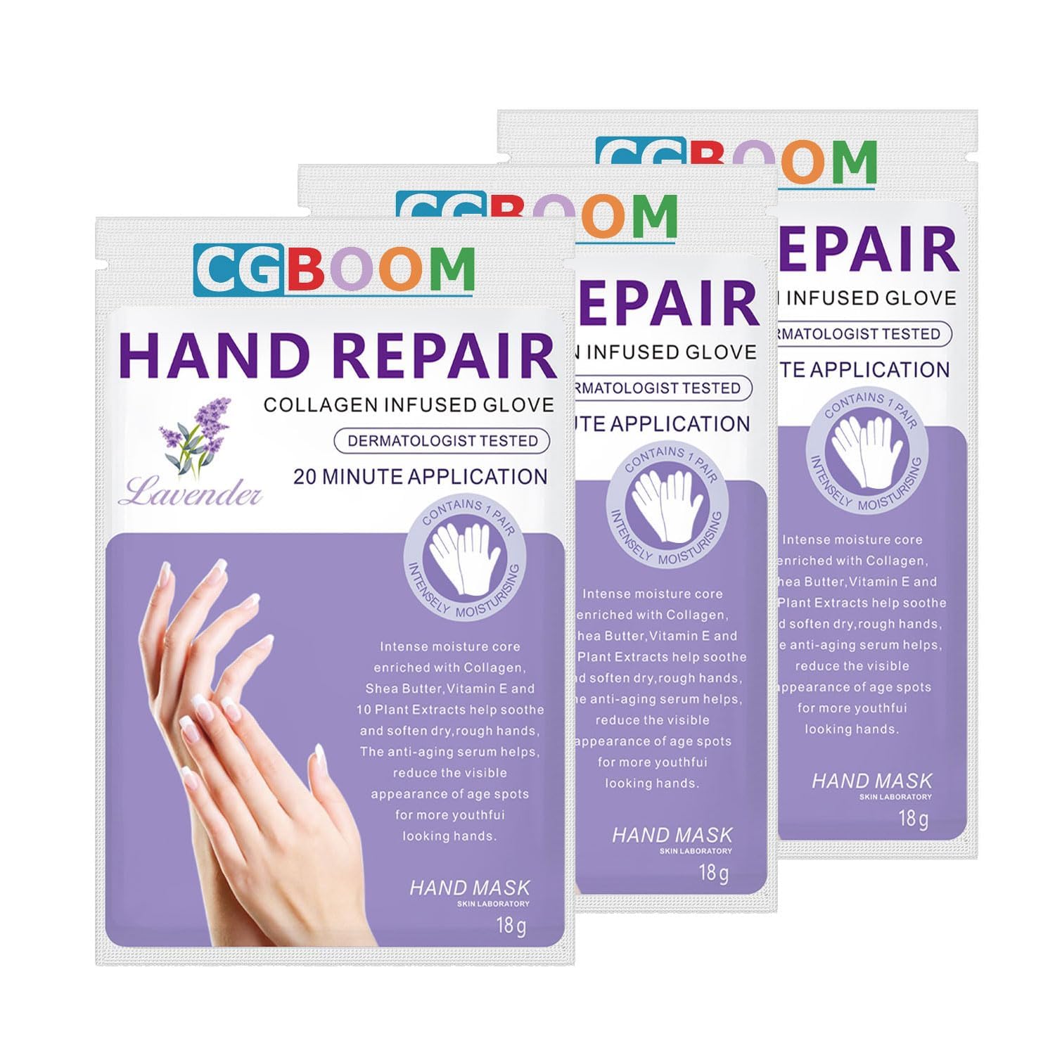 CGBOOM 3 Pairs Hand Masks Moisturizing Gloves, Hand Skin Repair Renew Mask Infused Collagen, Vitamins + Natural Plant Extracts for Dry, Aging, Cracked Hands (Lavender) CGBOOM 3 Pairs Hand Masks Moisturizing Gloves, Hand Skin Repair Renew Mask Infused Collagen, Vitamins + Natural Plant Extracts for Dry, Aging, Cracked Hands (Lavender)
