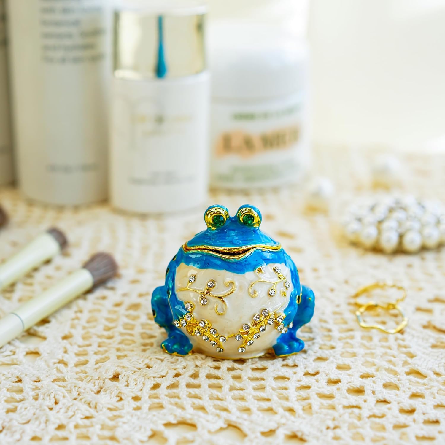YU FENG Hinged Frog Trinket Jewelry Box Crystal Jeweled Small Cute Frog Animal Figurines Collectible - Image 4