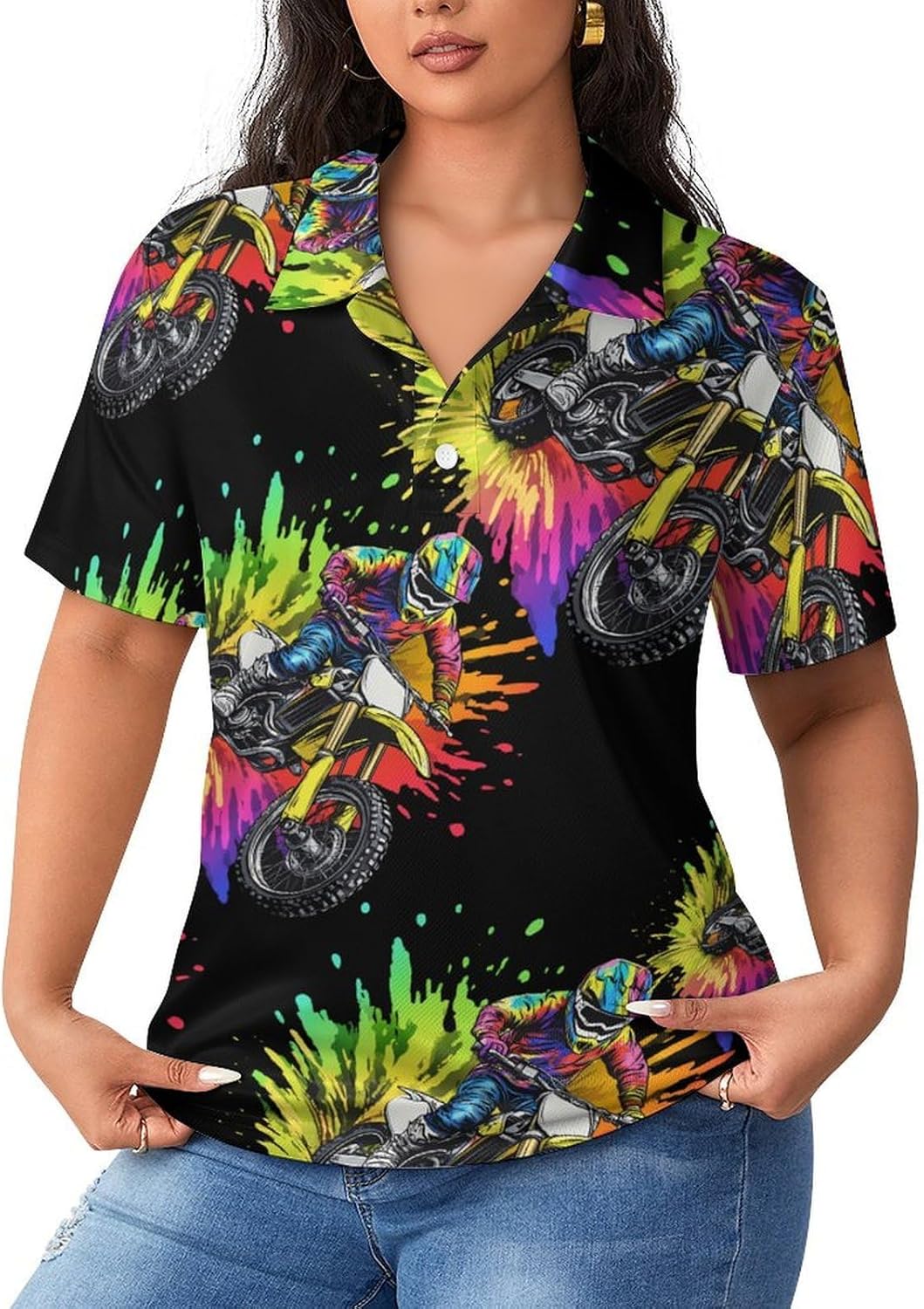 Tie Dye Motocross Rider Womens Golf Polo Shirts Summer Short Sleeve Collared 3 Buttons T Shirt Activewear Tops
