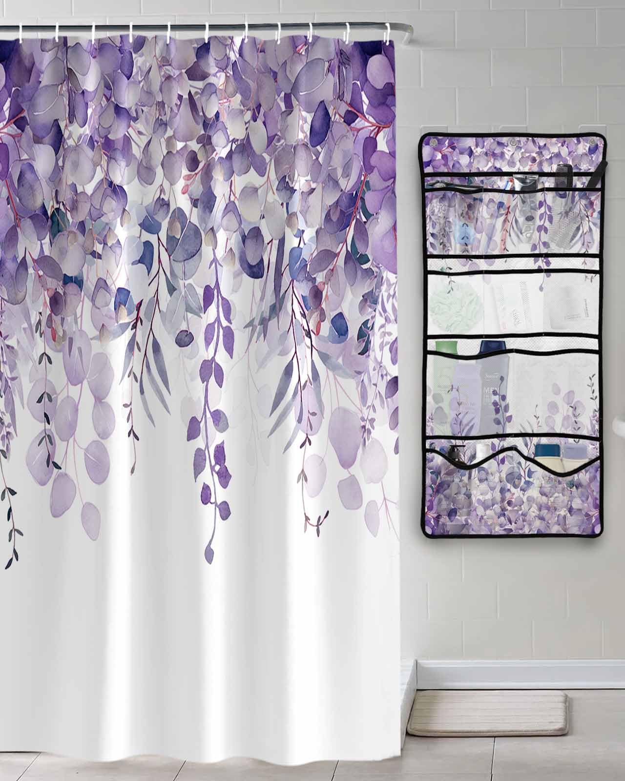 Decorative Shower Curtain Sets Eucalyptus Leaf Purple Polyester Fabric Waterproof Shower Curtains Spring Watercolor Leaf Texture Mesh Shower