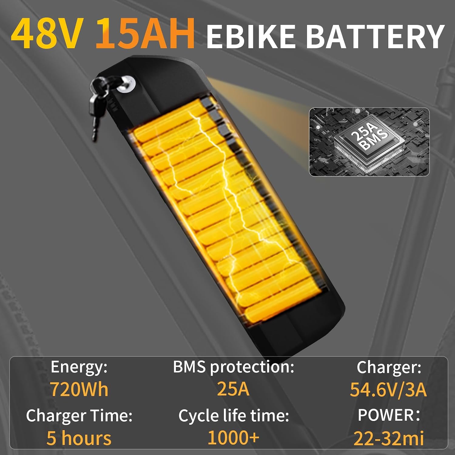 48V Ebike Battery with 5 Pin Base,25A BMS,Power Indicator,Power Switch and Safety Lock,for 0-1000W Electric Bike Motor (48V15Ah)