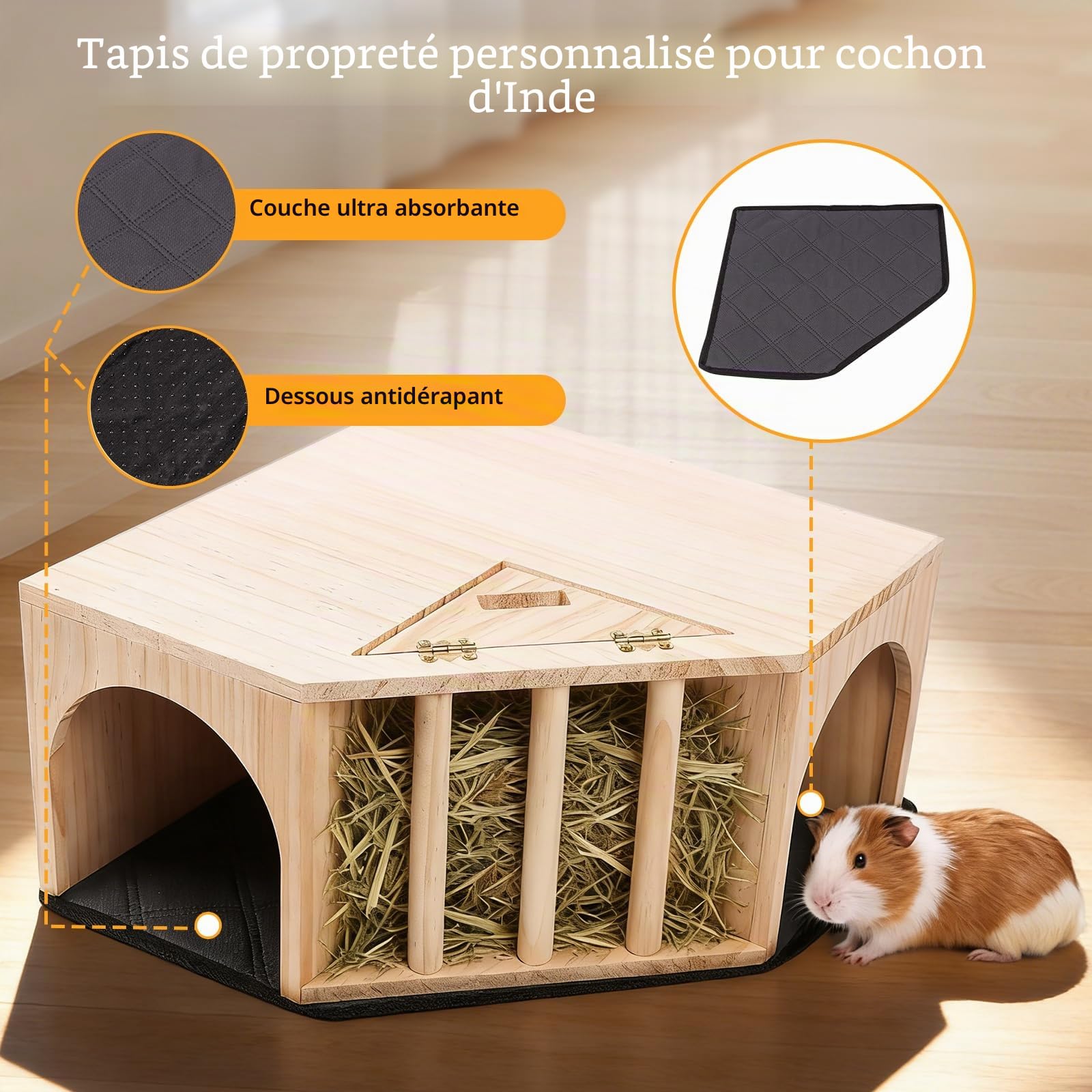 Kalolary Cachette d'angle en Bois pour Cochon d'Inde avec Tapis d'urine, cachette pour Petits Animaux avec mangeoire à Foin, Double entrée, cachette pour Hamster, Lapin, Chinchilla, gerbilles naines | avec Tapis d'urine cachette pour Petits Animaux avec m