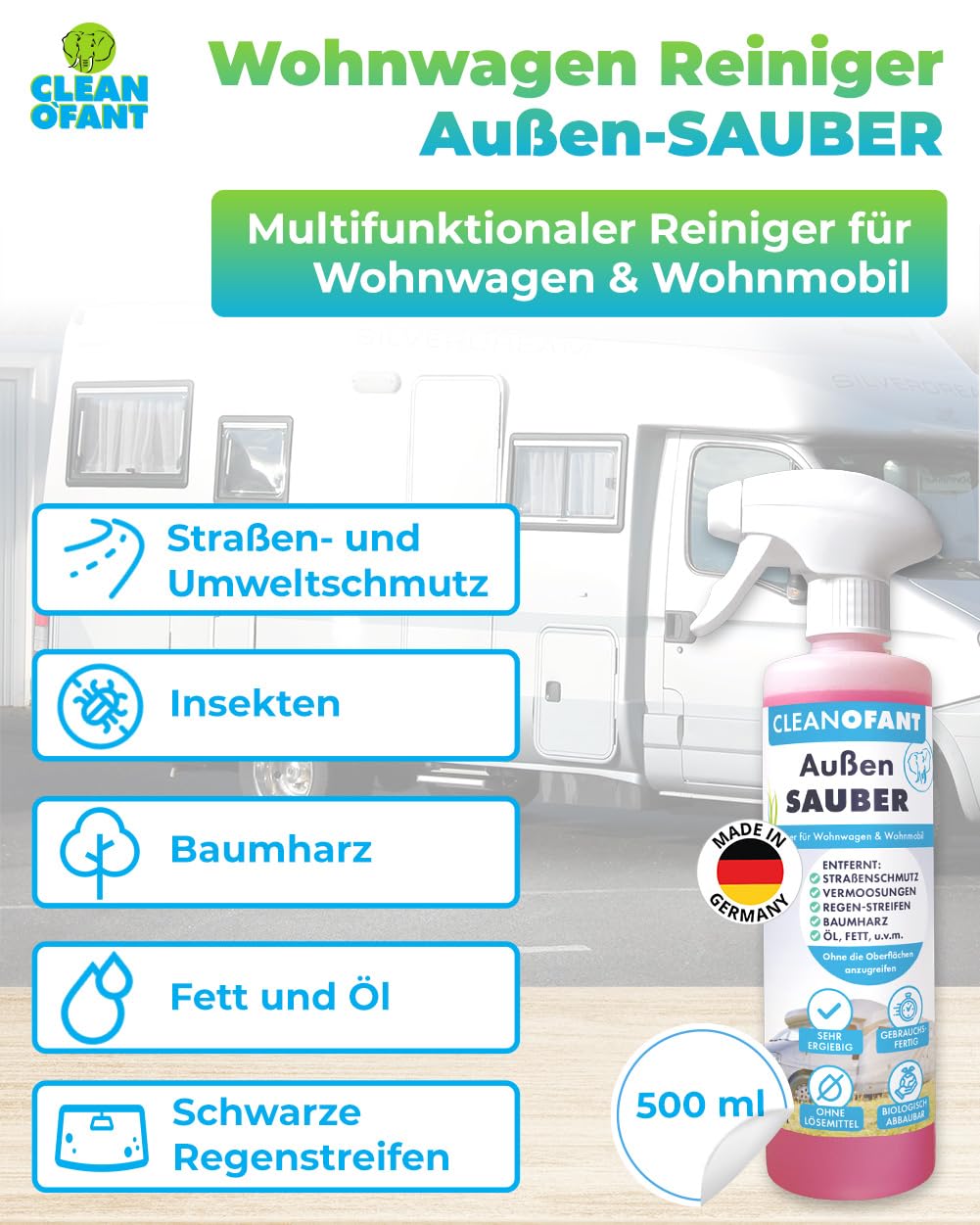 CLEANOFANT Außen-SAUBER | 500 ml + 2,3 Liter | Profi Wohnwagen- & Wohnmobilreiniger - Entfernt mühelos Schwarze Regenstreifen, Insekten & Baumharz - Biologisch abbaubar & Materialschonend