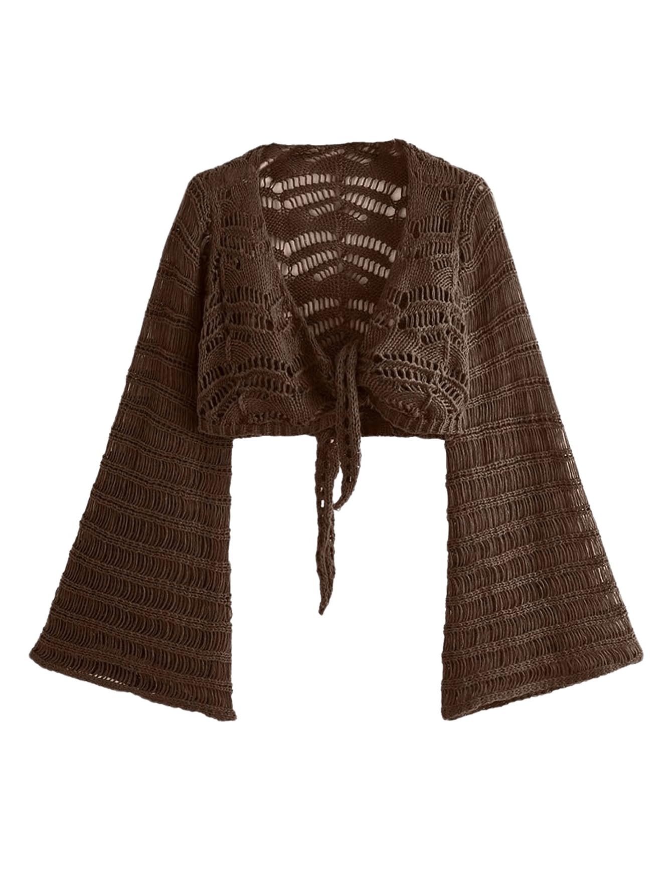 OYOANGLE Womens Plus Size Hollow Out Crochet Cardigan Sweater Tie Front Bell Sleeve Cropped Bolero Shrugs