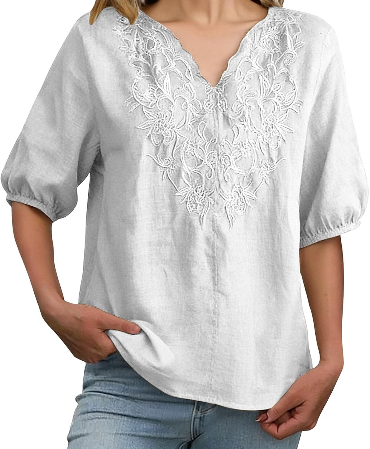 Women's Cotton Linen Button Short Sleeve Shirts Summer Loose V Neck Casual Boho Top Vintage Embroidered Blouse Tops