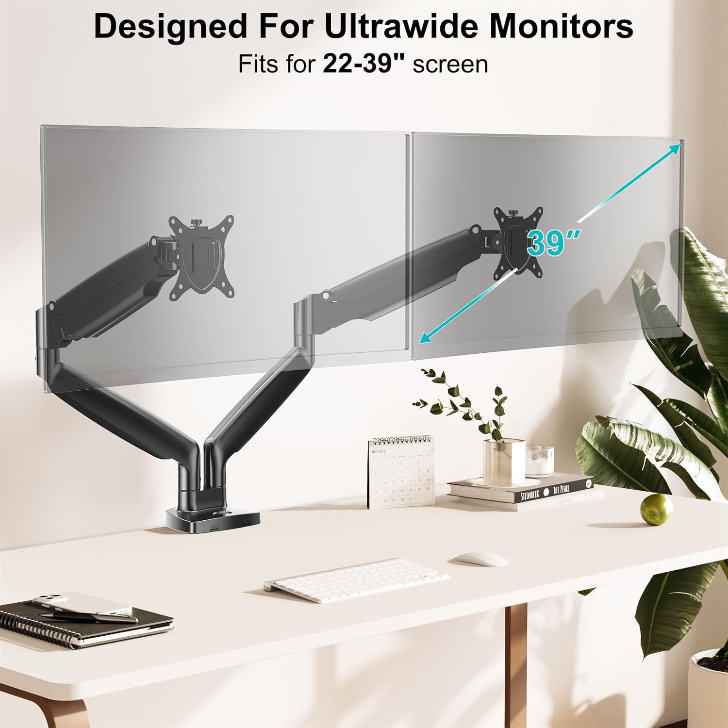 MOUNT PRO Dual Monitor Desk Mount fits 22” to 39” Ultrawide Computer Screen, Holds up to 30.9lbs Each, Fully Adjustable Long Monitor Arm for Two Monitors, Gas Spring Monitor Stand, 100x100 VESA Mount