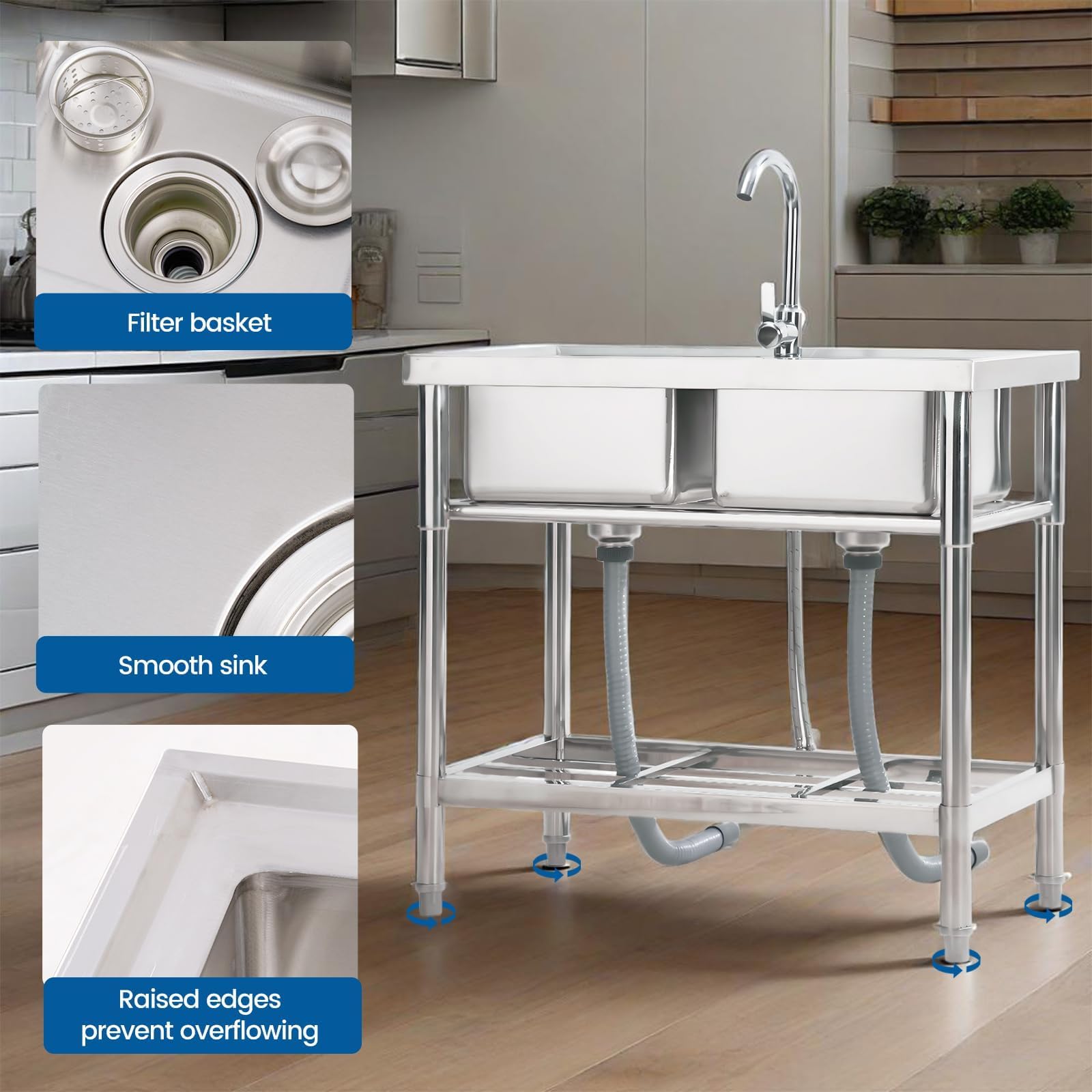 Garvee Évier utilitaire double bac inox sur pieds – Robinet eau chaude/froide – Étagère rangement – Usage professionnel cuisine, buanderie, garage, extraérieur – Argenté, 33 * 18 * 30in